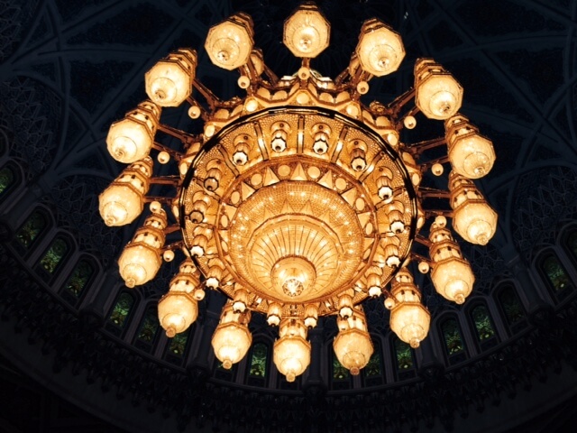 under the 45-foot chandelier in the mosque