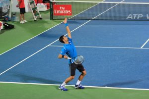 Novak Djokovic serving at Dubai Tennis Tournaent