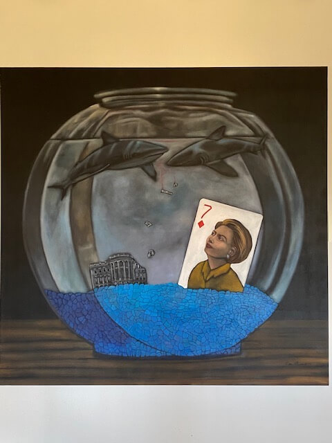 Painting of Hillary Clinton in a fish bowl